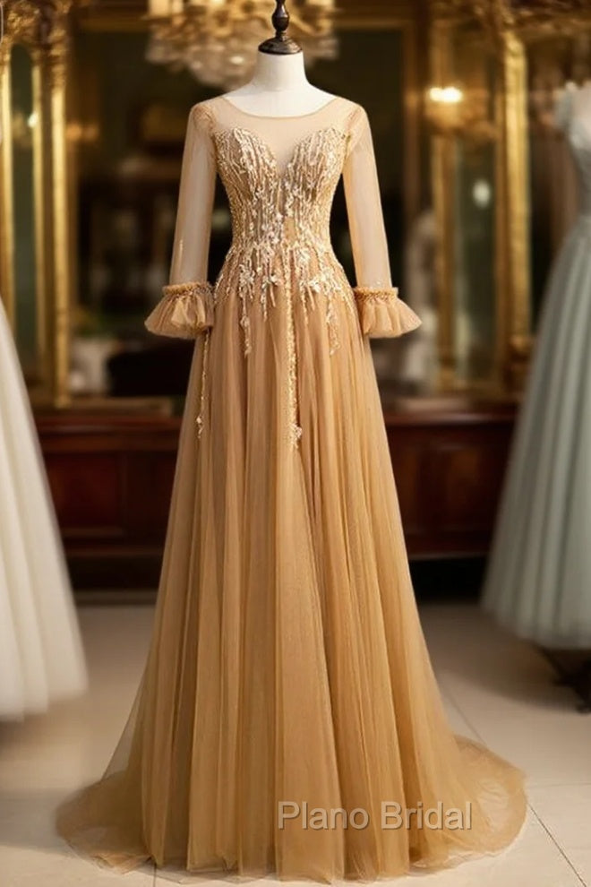 Gold Tulle Long Sleeve Backless Beading Formal Prom Dresses Main image