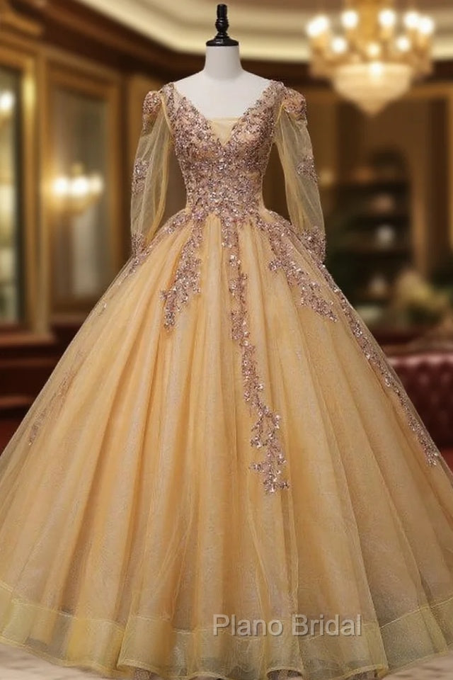 Gold Tulle Long Sleeve Backless Sequins Quinceanera Dresses Main image