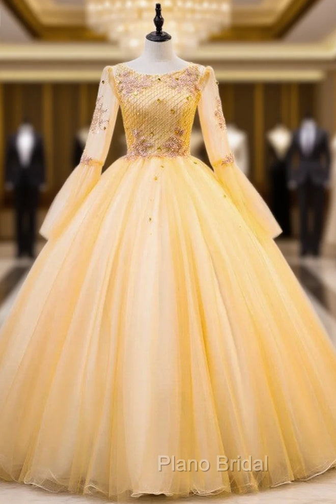 Gold Tulle Long Sleeve Beading Appliques Quinceanera Dresses