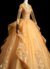 Gold Tulle Long Sleeves Lace Applique Formal Dresses, Ball Gown Sweet 16 Dresses