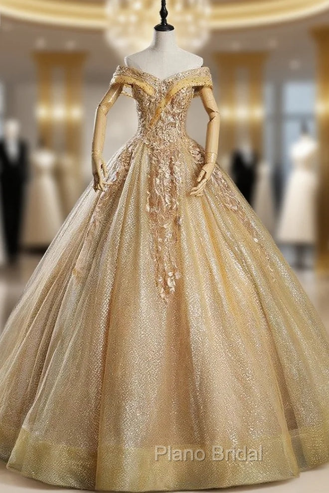 Gold Tulle Off the Shoulder Appliques Beading Quinceanera Dresses