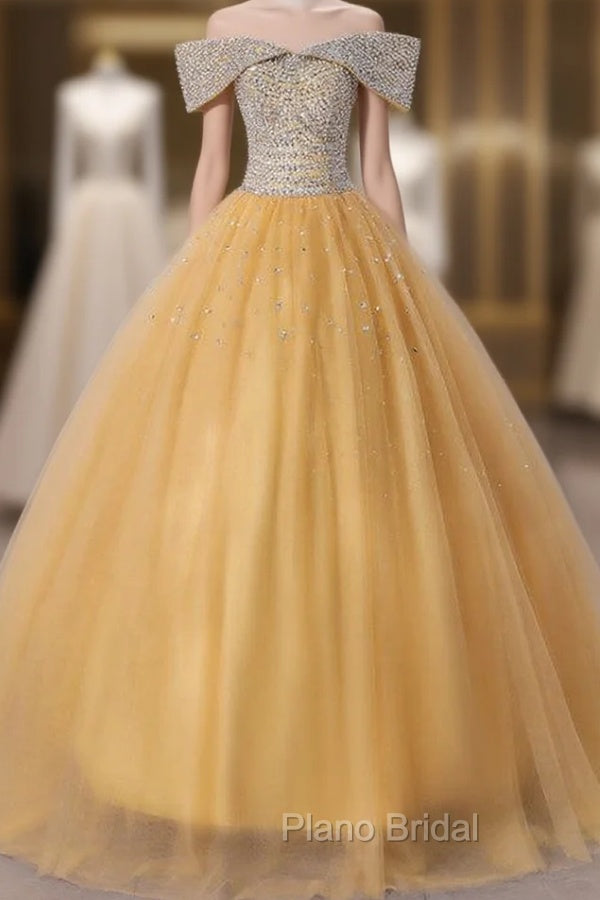 Gold Tulle Off the Shoulder Beading Quinceanera Dresses Main image