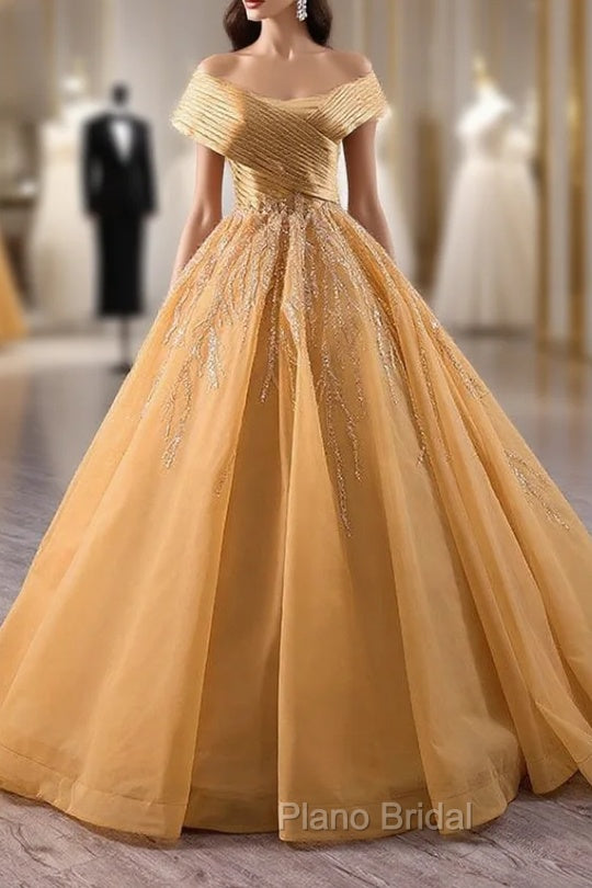 Gold Tulle Off the Shoulder Pleats Formal Prom Dresses