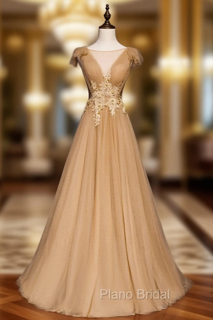 Gold Tulle Pleats Appliques Backless Formal Prom Dresses