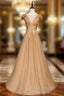 Gold Tulle Pleats Appliques Backless Formal Prom Dresses