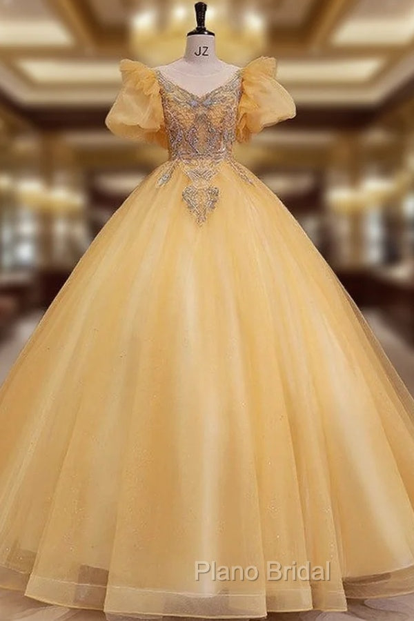 Gold Tulle Puff Sleeve Beading Pearls Quinceanera Dresses