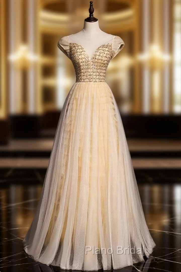 Gold Tulle Puff Sleeve Beading Sequins Backless Formal Prom Dresses