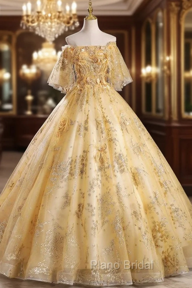 Gold Tulle Sequins Appliques Feather Quinceanera Dresses