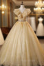 Gold Tulle Sequins Appliques V-neck Quinceanera Dresses