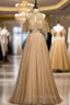 Gold Tulle Sequins Beading Strapless Formal Prom Dresses
