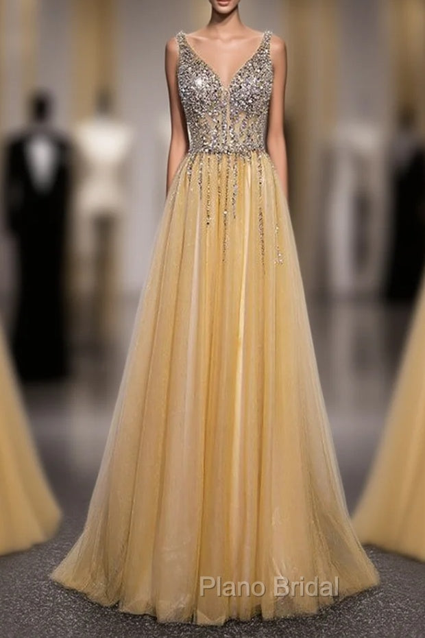 Gold Tulle Sequins Beading V-neck Backless Formal Prom Dresses Main image