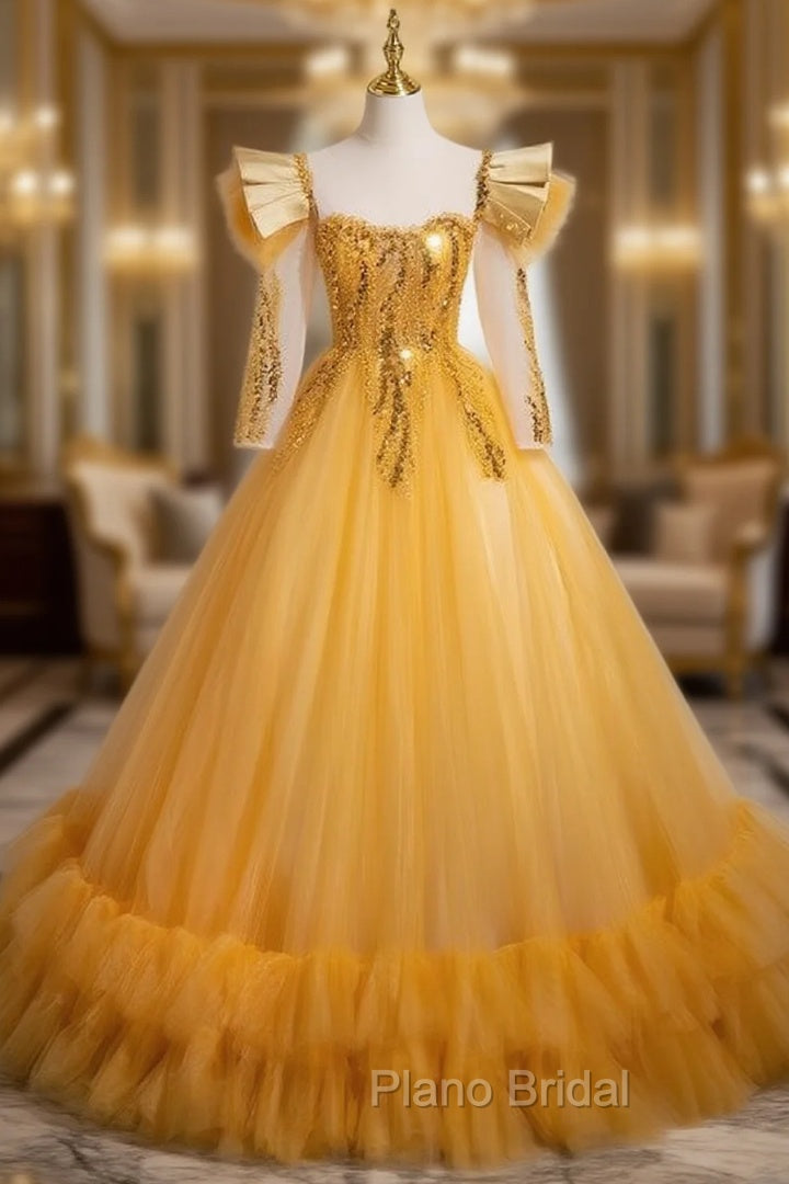 Gold Tulle Sequins Long Sleeve Backless Quinceanera Dresses Main image
