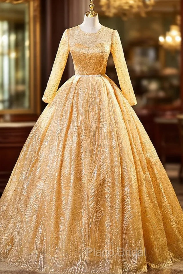 Gold Tulle Sequins Long Sleeve Quinceanera Dresses