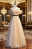 Gold Tulle Sequins Off the Shoulder Pearls Formal Prom Dresses