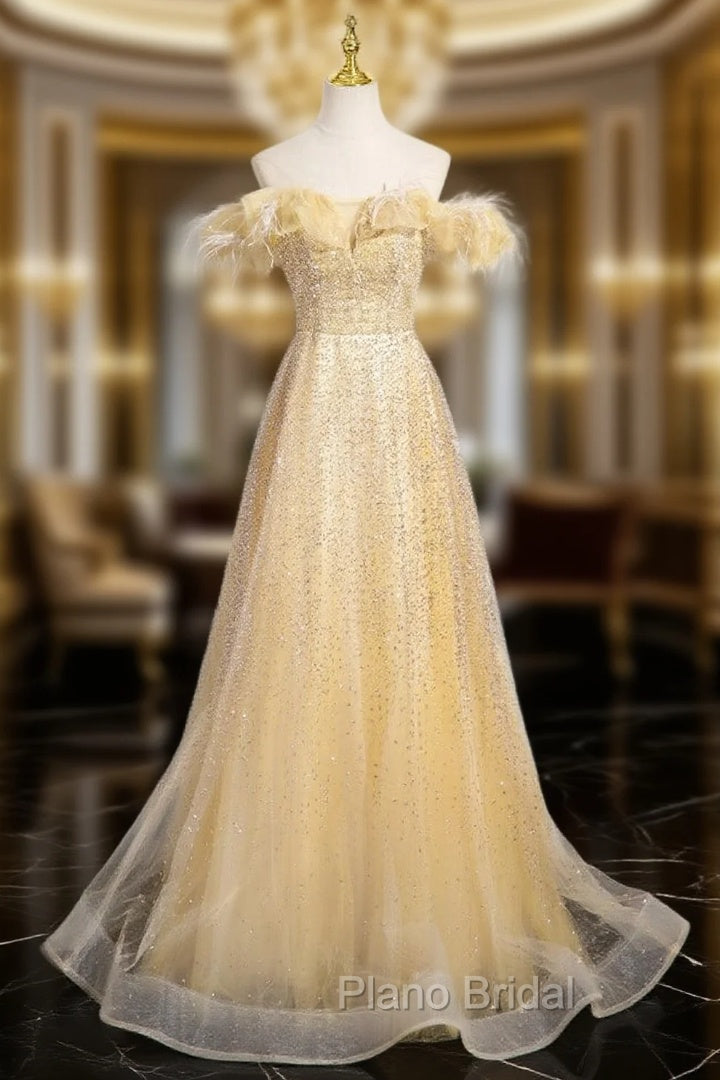 Gold Tulle Sequins Off the Shoulder Formal Prom Dresses Main image