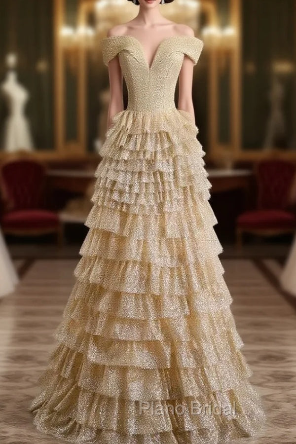 Gold Tulle Sequins Off the Shoulder Tiers Formal Prom Dresses