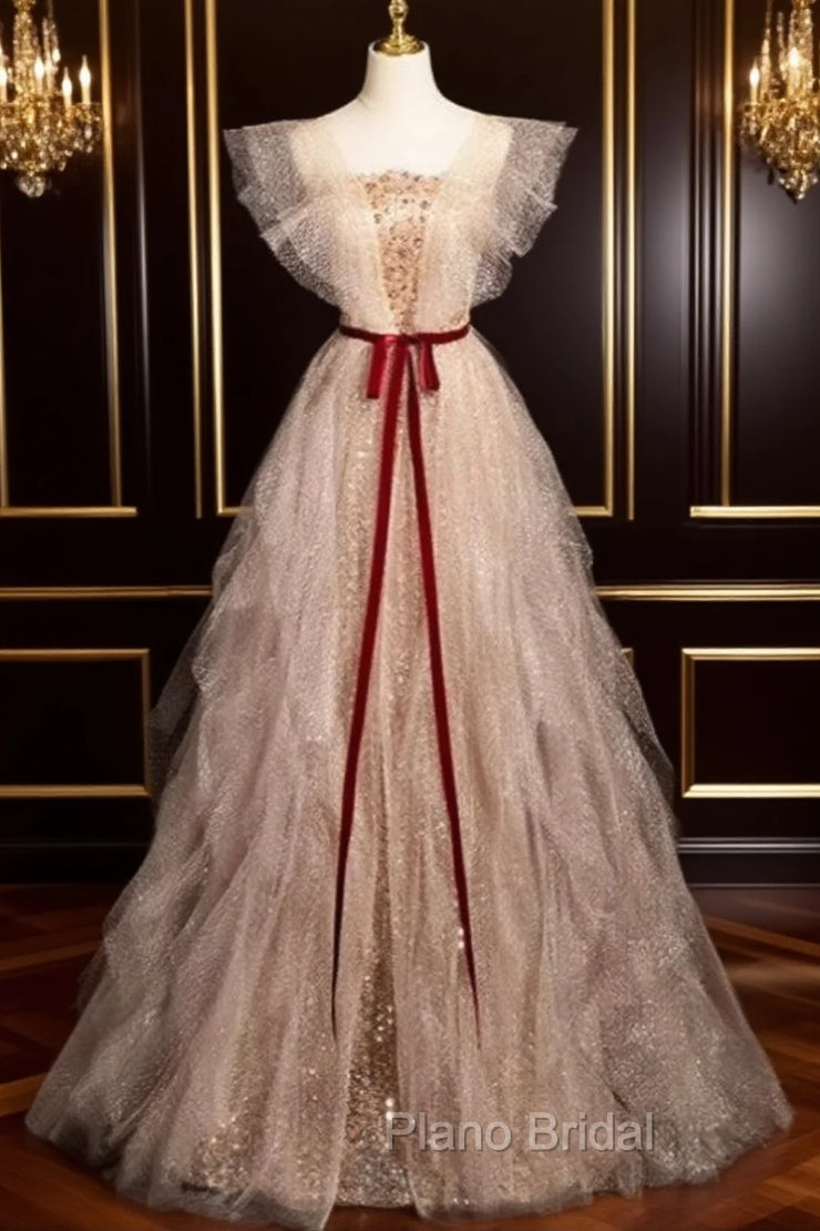 Gold Tulle Sequins Formal Prom Dresses With Belt Main image