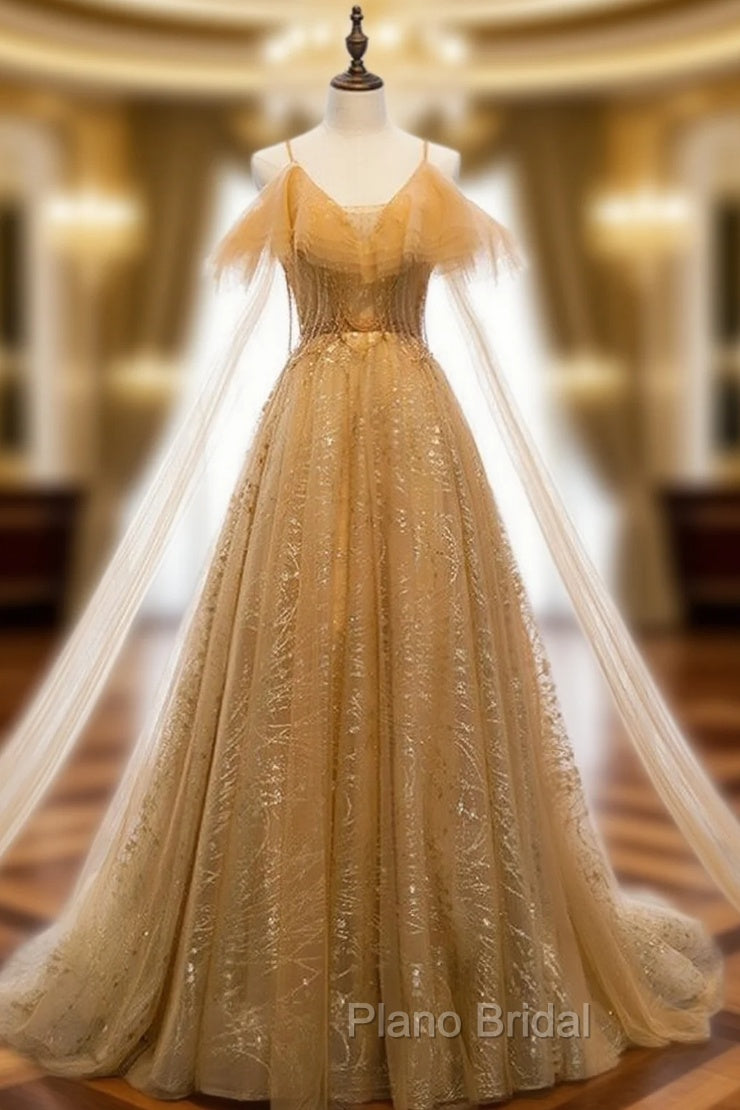 Gold Tulle Sequins Spaghetti Straps Backless Beading Formal Prom Dresses Main image