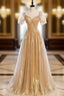 Gold Tulle Sequins Square Short Sleeve Pearls Formal Prom Dresses