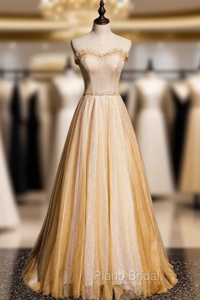 Gold Tulle Sequins Strapless Beading Formal Prom Dresses Main image
