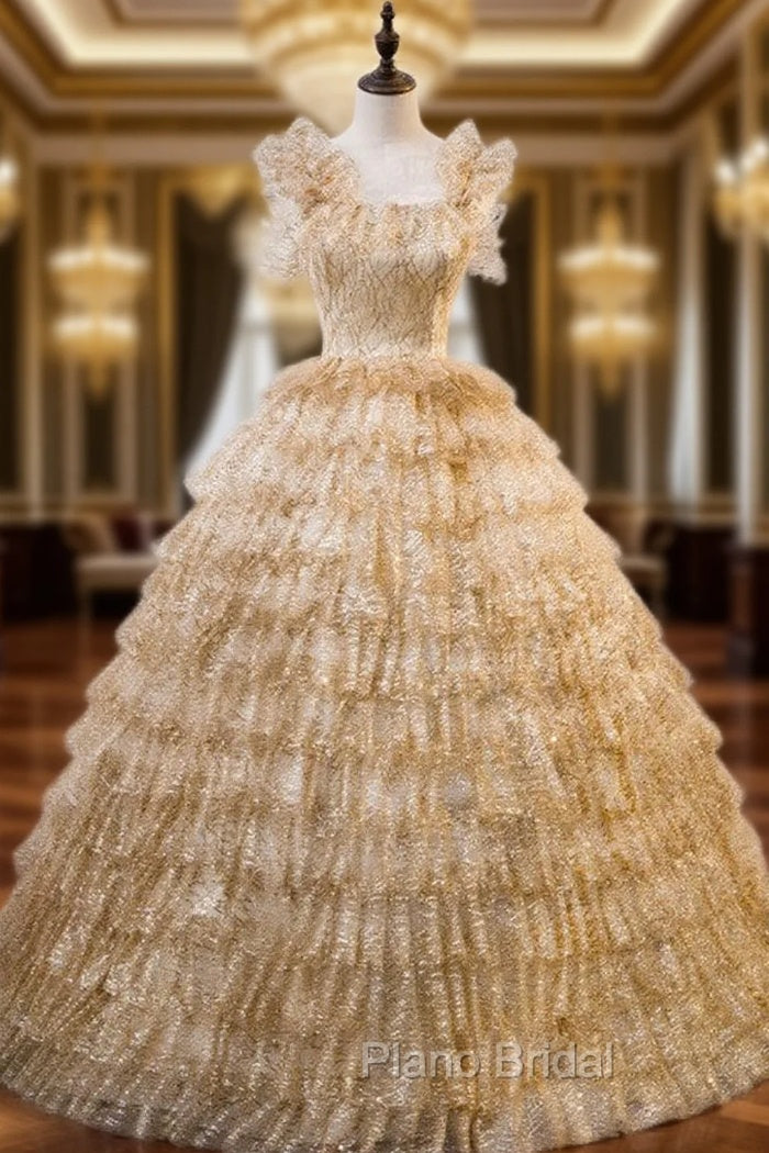 Gold Tulle Sequins Straps Tiers Quinceanera Dresses Main image