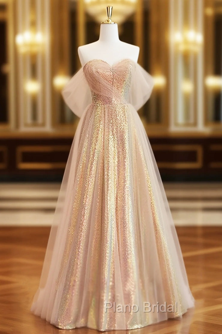 Gold Tulle Sequins Sweetheart Formal Prom Dresses Main image