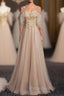 Gold Tulle Spaghetti Straps Appliques Beading Formal Prom Dresses