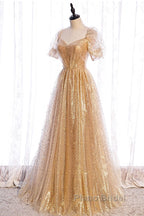 Gold Tulle V Neck Long Formal Prom Dresses Gold Tulle Formal Dresses