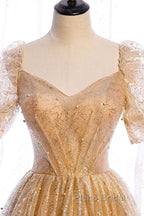 Gold Tulle V Neck Long Formal Prom Dresses Gold Tulle Formal Dresses