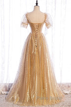 Gold Tulle V Neck Long Formal Prom Dresses Gold Tulle Formal Dresses