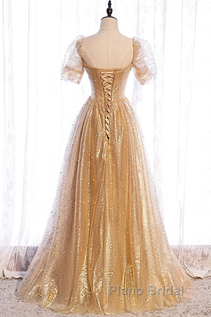Gold Tulle V Neck Long Formal Prom Dresses Gold Tulle Formal Dresses