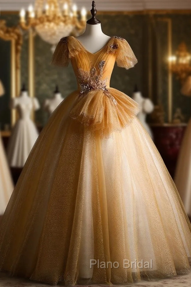 Gold Tulle V-neck Sequins Appliques Quinceanera Dresses Main image