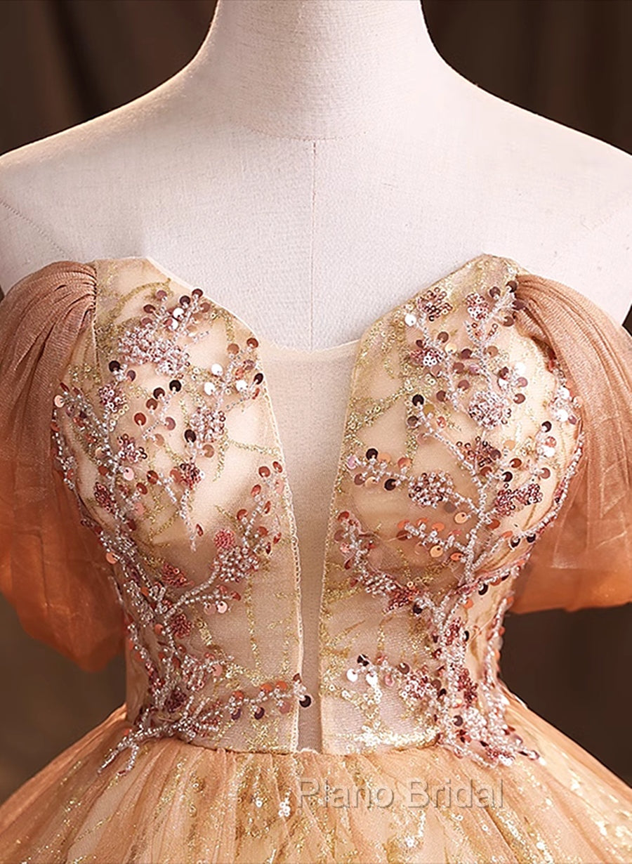 Gold Tulle with Beaded Long Sweet 16 Dresses, Ball Gown Formal Dresses Party Dresses