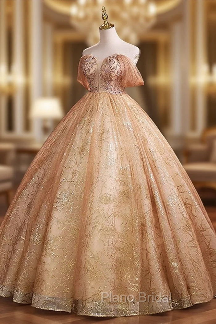 Gold Tulle with Beaded Long Sweet 16 Dresses, Ball Gown Formal Dresses Party Dresses Main image