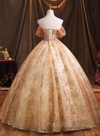 Gold Tulle with Beaded Long Sweet 16 Dresses, Ball Gown Formal Dresses Party Dresses