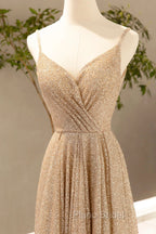 Gold V-Neck Sequins Long Formal Prom Dresses, Shiny A-Line Evening Formal Dresses