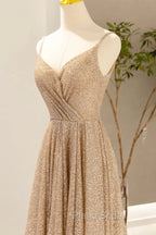 Gold V-Neck Sequins Long Formal Prom Dresses, Shiny A-Line Evening Formal Dresses