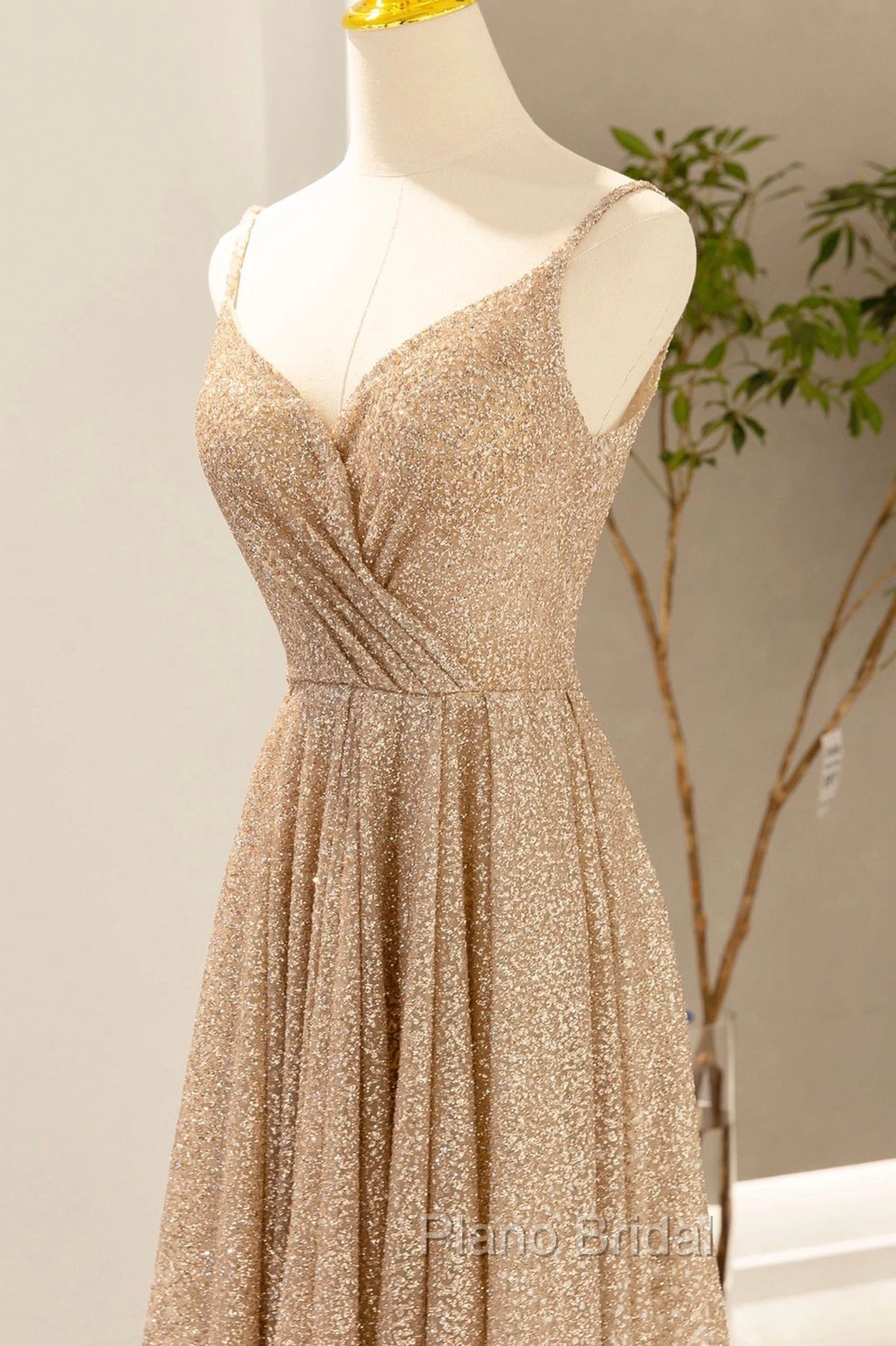 Gold V-Neck Sequins Long Formal Prom Dresses, Shiny A-Line Evening Formal Dresses
