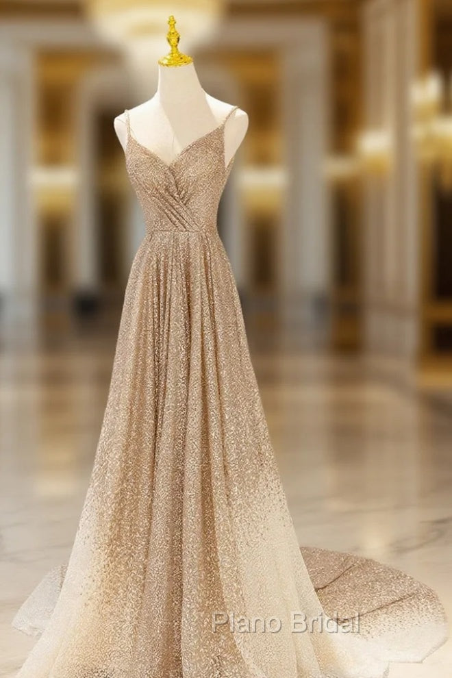 Gold V-Neck Sequins Long Formal Prom Dresses, Shiny A-Line Evening Formal Dresses Main image