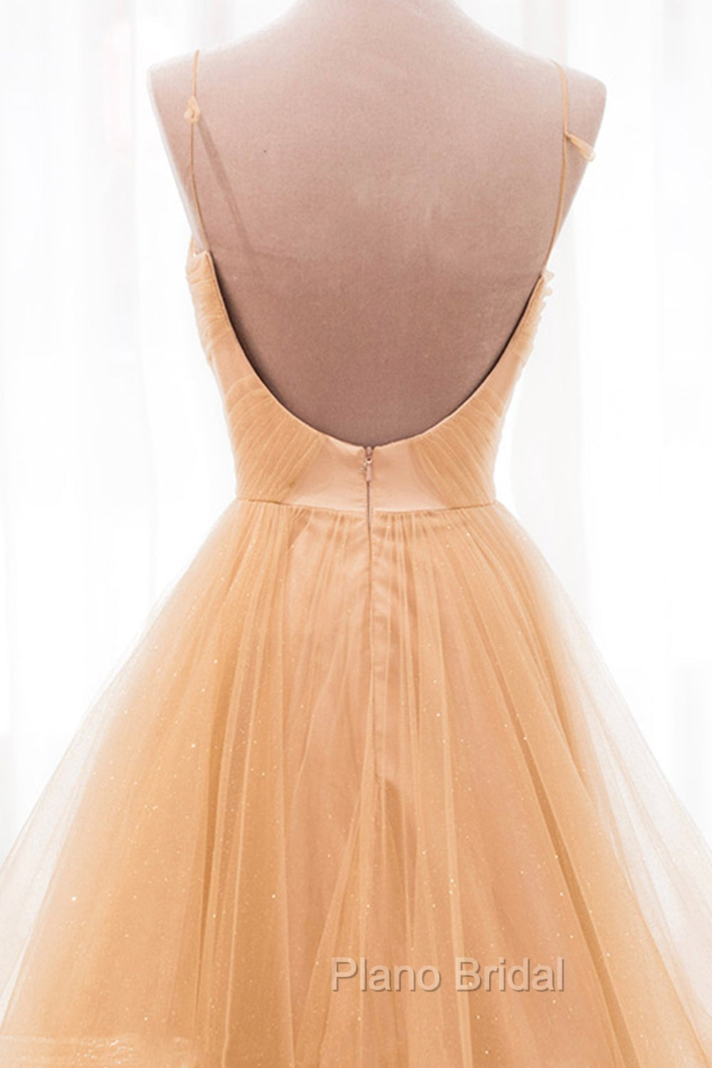 Gold V-Neck Tulle Long Formal Prom Dresses, A-Line Evening Dresses Secondary image