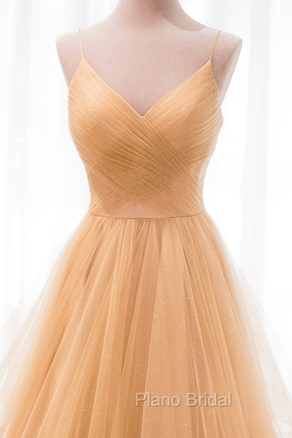 Gold V-Neck Tulle Long Formal Prom Dresses, A-Line Evening Dresses