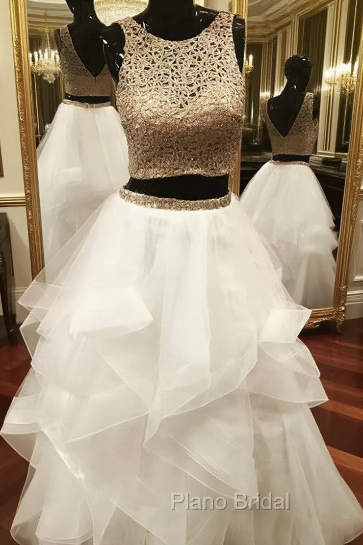 Gold White Ball Gowns Two Piece Tulle Backless Formal Prom Dresses