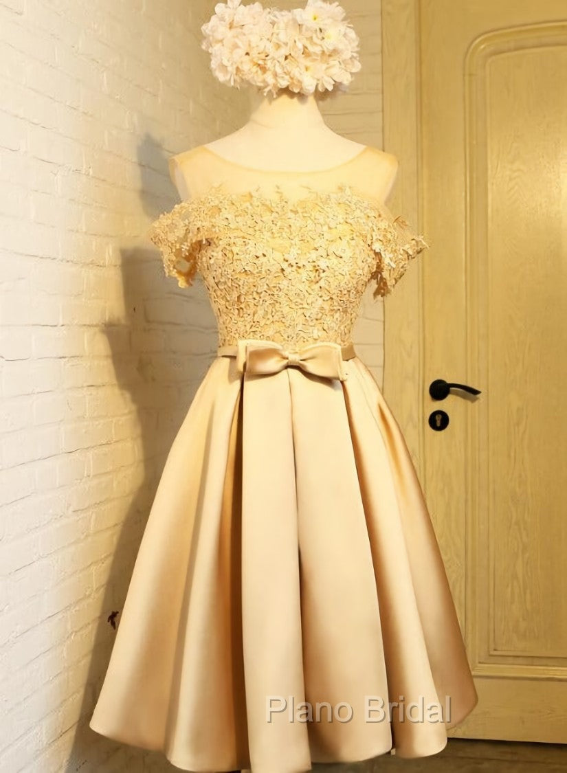 Golden Satin Lace Off Shoulder Short Homecoming Dresses, Knee Length Party Dresses Secondary image