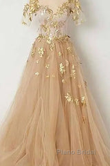 Golden Short Sleeves A-Line Tulle Formal Prom Dresses,