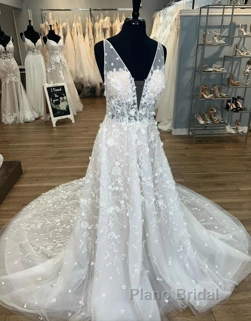 Gorgeous A-Line Deep V-Neck Open Back Chapel Train Wedding Dresses