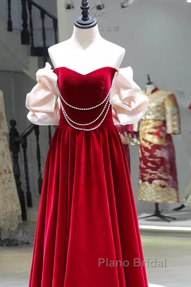 Gorgeous A Line Off The Shoulder Velvet Red Formal Prom Dresses Secondary image