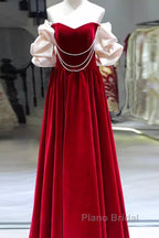 Gorgeous A Line Off The Shoulder Velvet Red Formal Prom Dresses