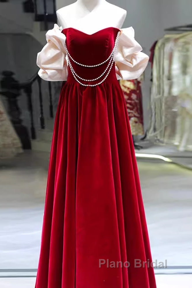 Gorgeous A Line Off The Shoulder Velvet Red Formal Prom Dresses