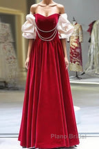 Gorgeous A Line Off The Shoulder Velvet Red Formal Prom Dresses