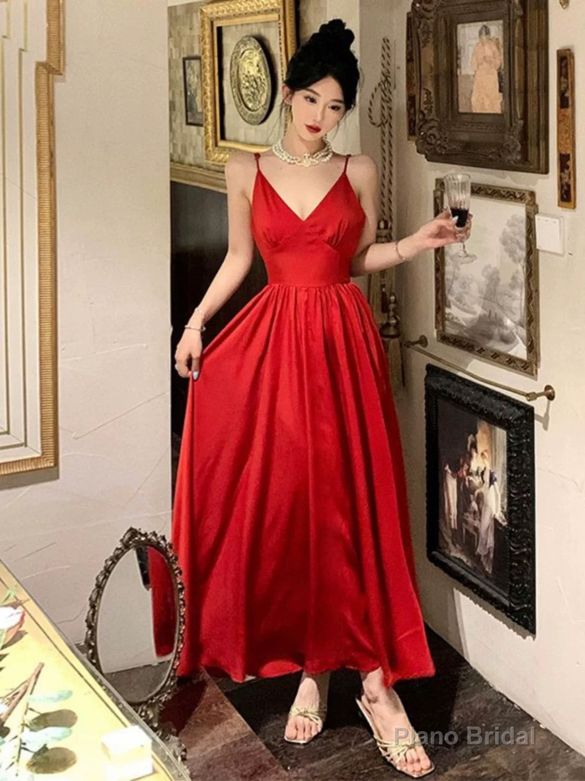 Gorgeous A Line Spaghetti Straps Red Ankle Length Evening Dress Prom Dresses Birthday Outfits Main image